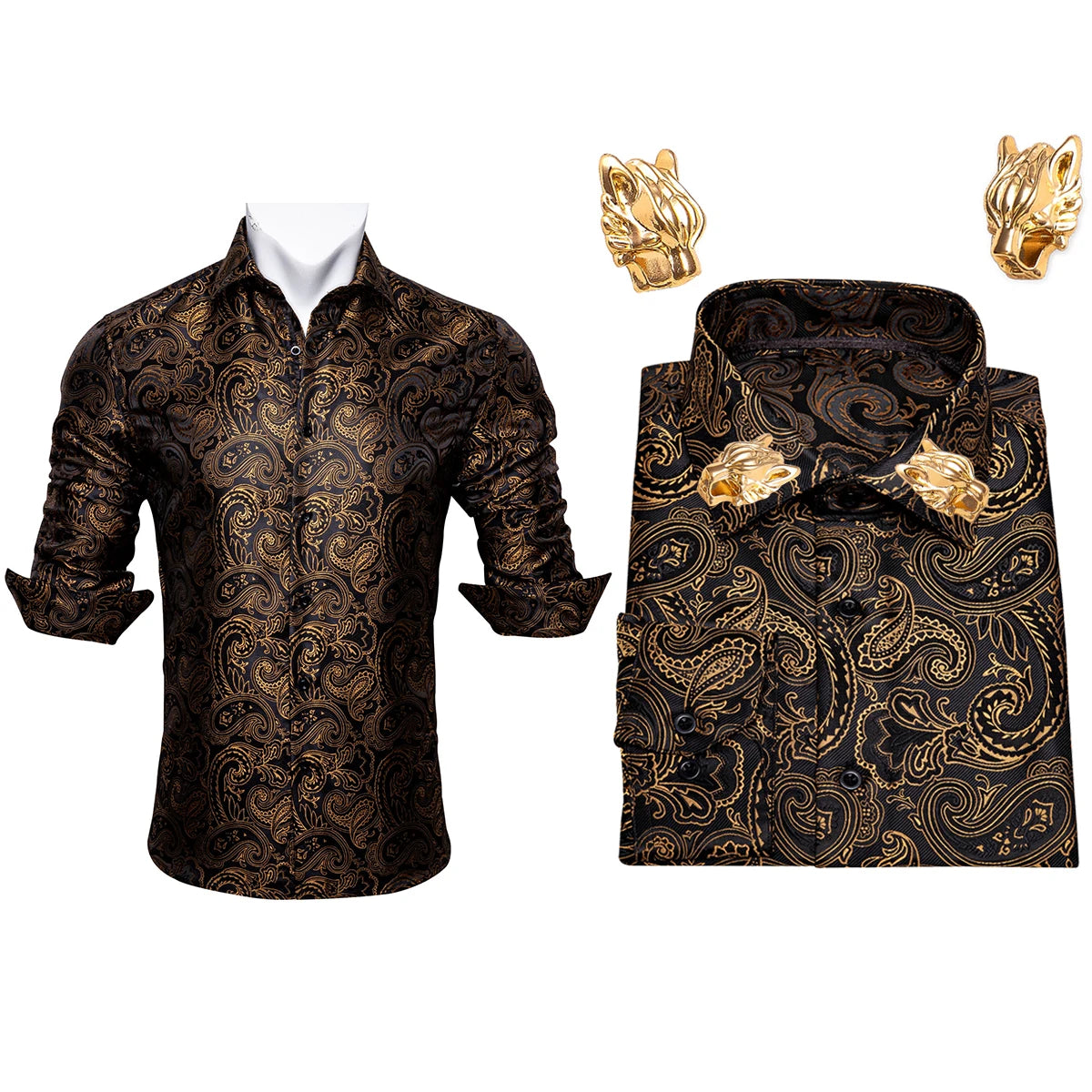 NOVA STORE Camicie da uomo a maniche lunghe con stampa paisley dorata, camicie casual con fiori per uomo, camicie eleganti, spilla da colletto leopardata firmata.