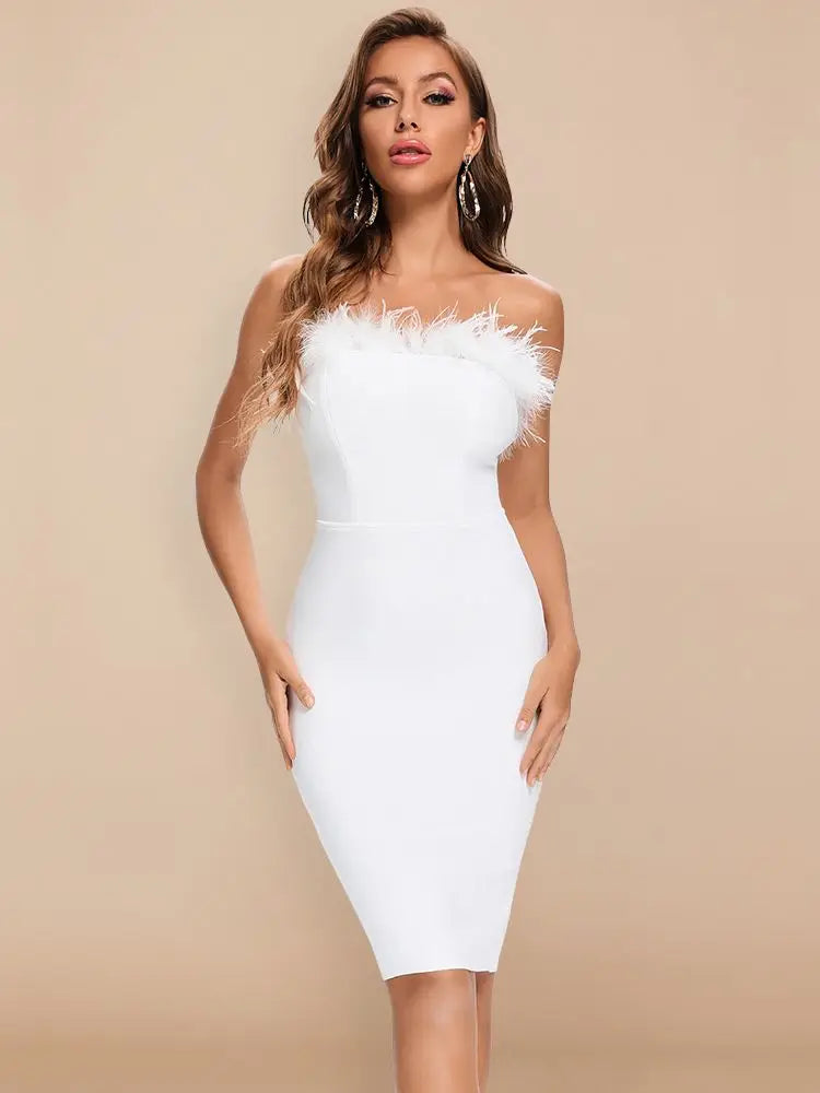 BEAUKEY Abiti da donna sexy neri con piume, abiti di lusso con fascia, abito aderente rosso estivo per cocktail party, abito da club bianco Vestidos XL