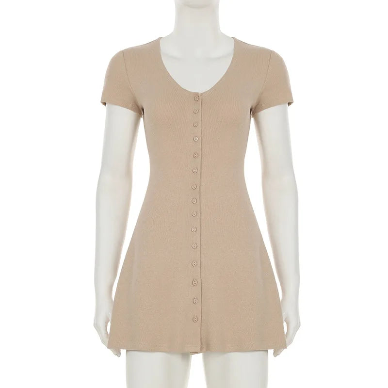 NOVA STORE  Nuovo abito estivo in maglia, mini abito elegante da donna con scollo a V, bottoni e maniche corte, abito casual da donna ad alta elasticità.