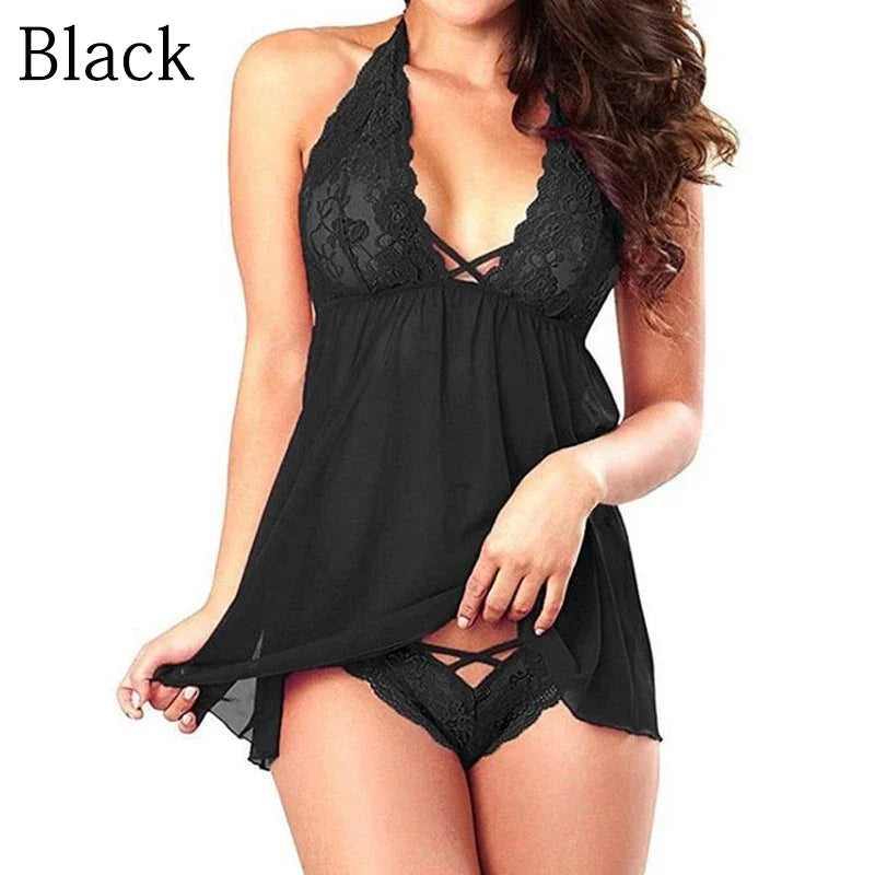 Camicia da notte con schiena scoperta per donna, abito da notte estivo, lingerie sexy, camicia da notte con scollo all'americana, babydoll in pizzo e rete, pigiama con scollo a V, teddy