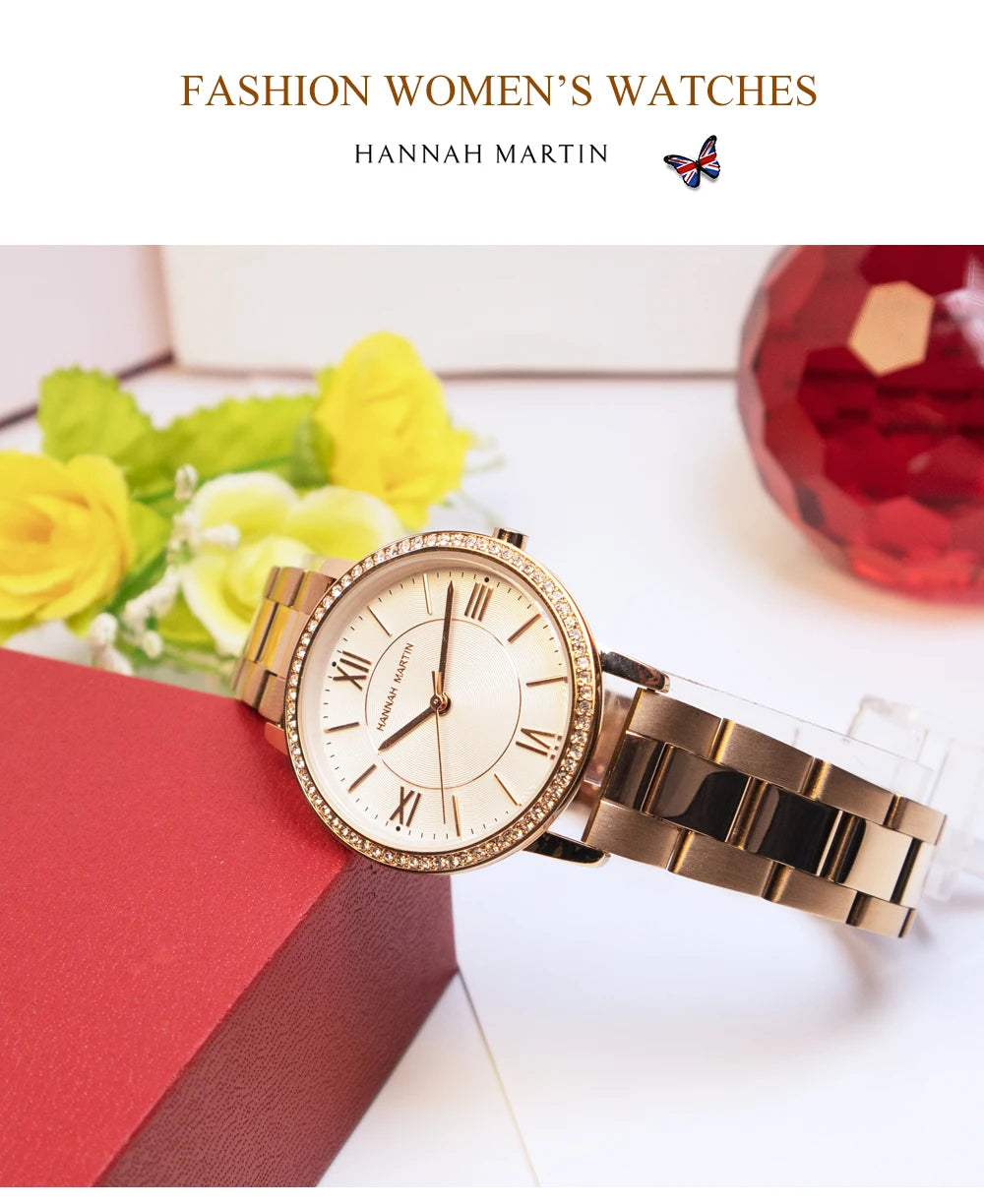 Set regalo di orologi da donna di marca Hannah Martin 34 mm, classico, di lusso, con diamanti incastonati, movimento giapponese originale, orologi eleganti da sera da donna.