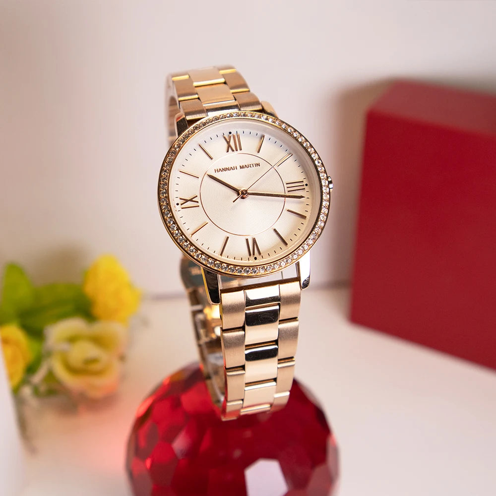 Set regalo di orologi da donna di marca Hannah Martin 34 mm, classico, di lusso, con diamanti incastonati, movimento giapponese originale, orologi eleganti da sera da donna.