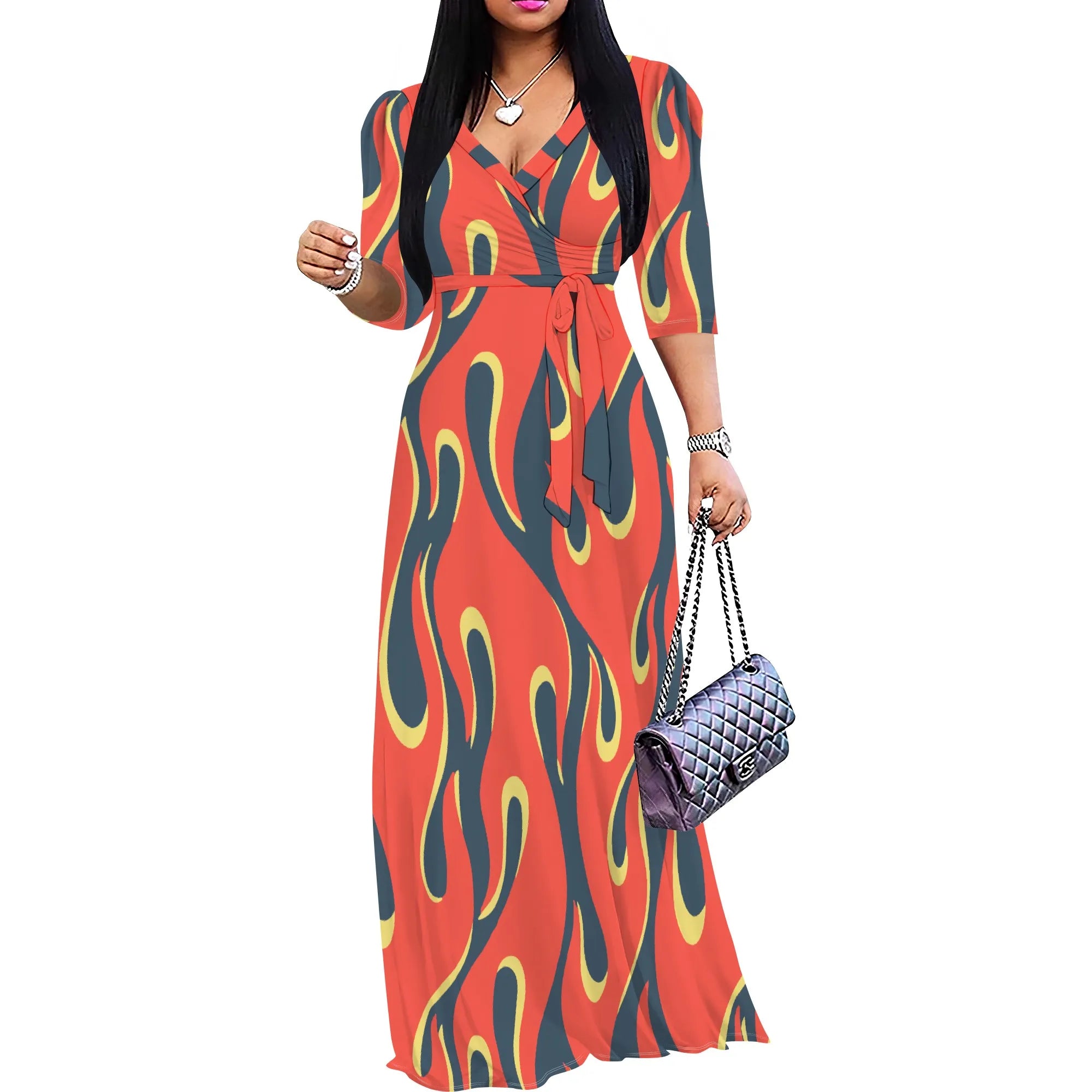 Abito lungo sexy da donna con scollo a V e stampa, maniche a 3/4, vestibilità ampia e cintura.