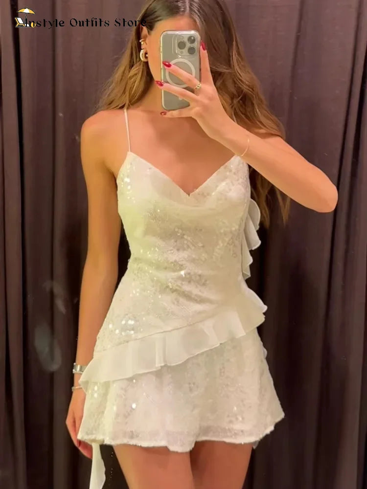 Mini abito con paillettes e volant da donna, abito sottoveste slim con scollo a cascata, senza schienale, estivo, per vacanze, spiaggia, club, feste, abito corto tinta unita da donna