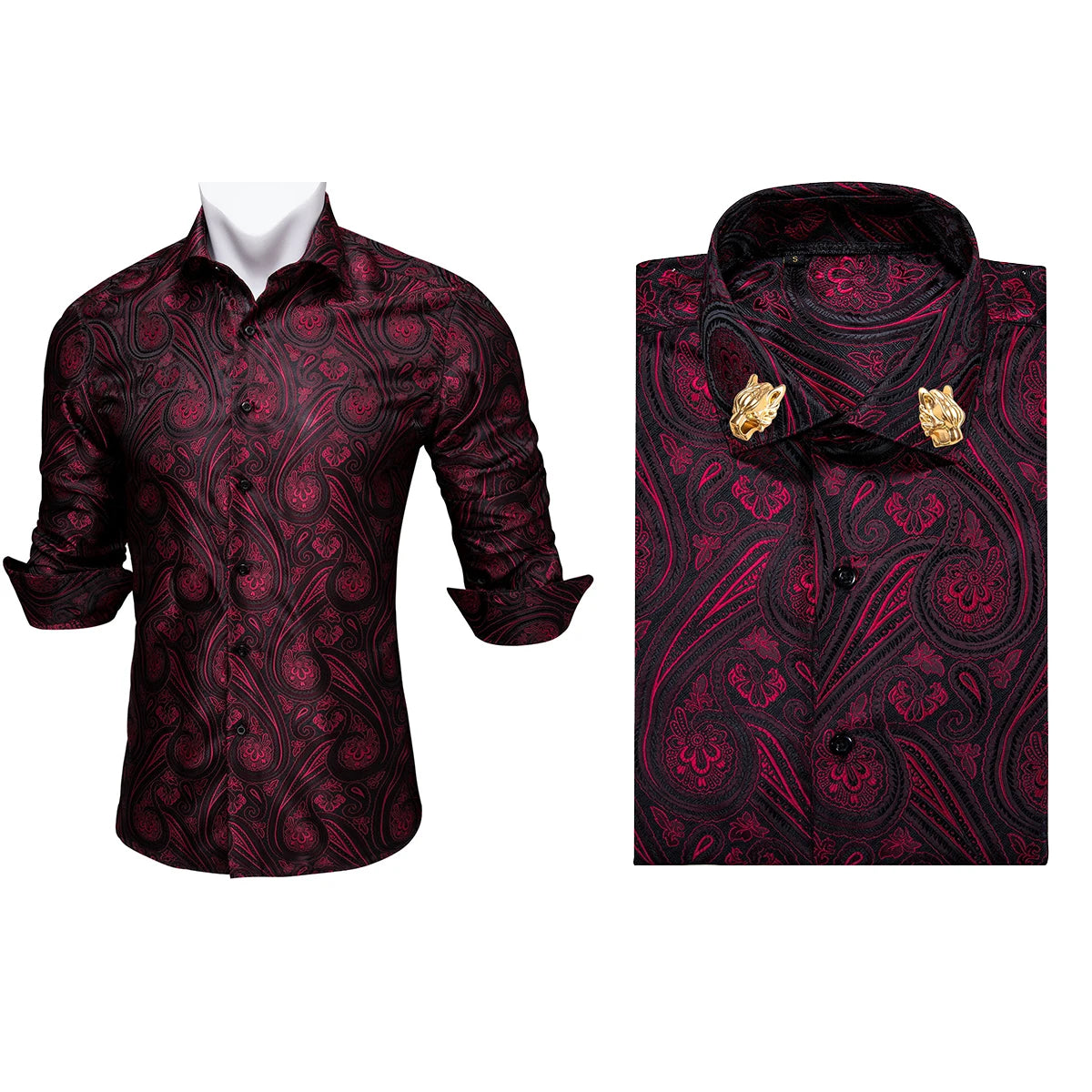 NOVA STORE Camicie da uomo a maniche lunghe con stampa paisley dorata, camicie casual con fiori per uomo, camicie eleganti, spilla da colletto leopardata firmata.