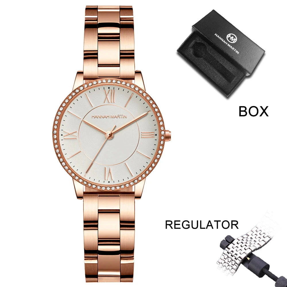 Set regalo di orologi da donna di marca Hannah Martin 34 mm, classico, di lusso, con diamanti incastonati, movimento giapponese originale, orologi eleganti da sera da donna.