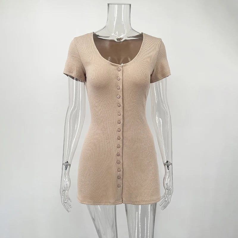 NOVA STORE  Nuovo abito estivo in maglia, mini abito elegante da donna con scollo a V, bottoni e maniche corte, abito casual da donna ad alta elasticità.