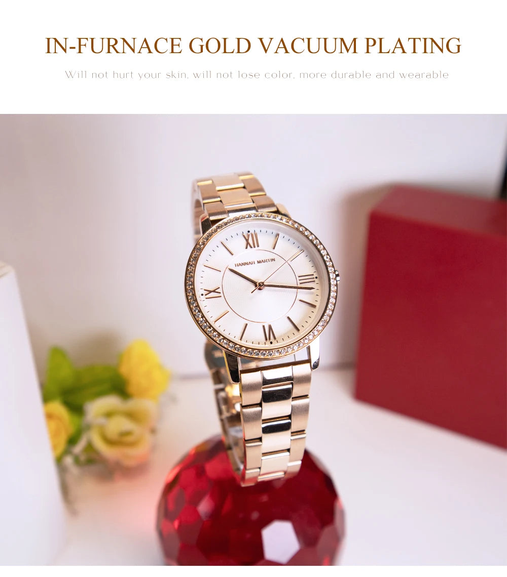 Set regalo di orologi da donna di marca Hannah Martin 34 mm, classico, di lusso, con diamanti incastonati, movimento giapponese originale, orologi eleganti da sera da donna.