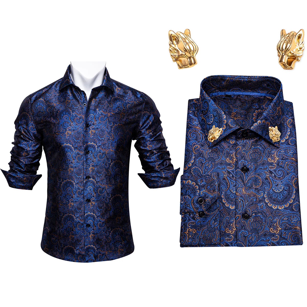 NOVA STORE Camicie da uomo a maniche lunghe con stampa paisley dorata, camicie casual con fiori per uomo, camicie eleganti, spilla da colletto leopardata firmata.