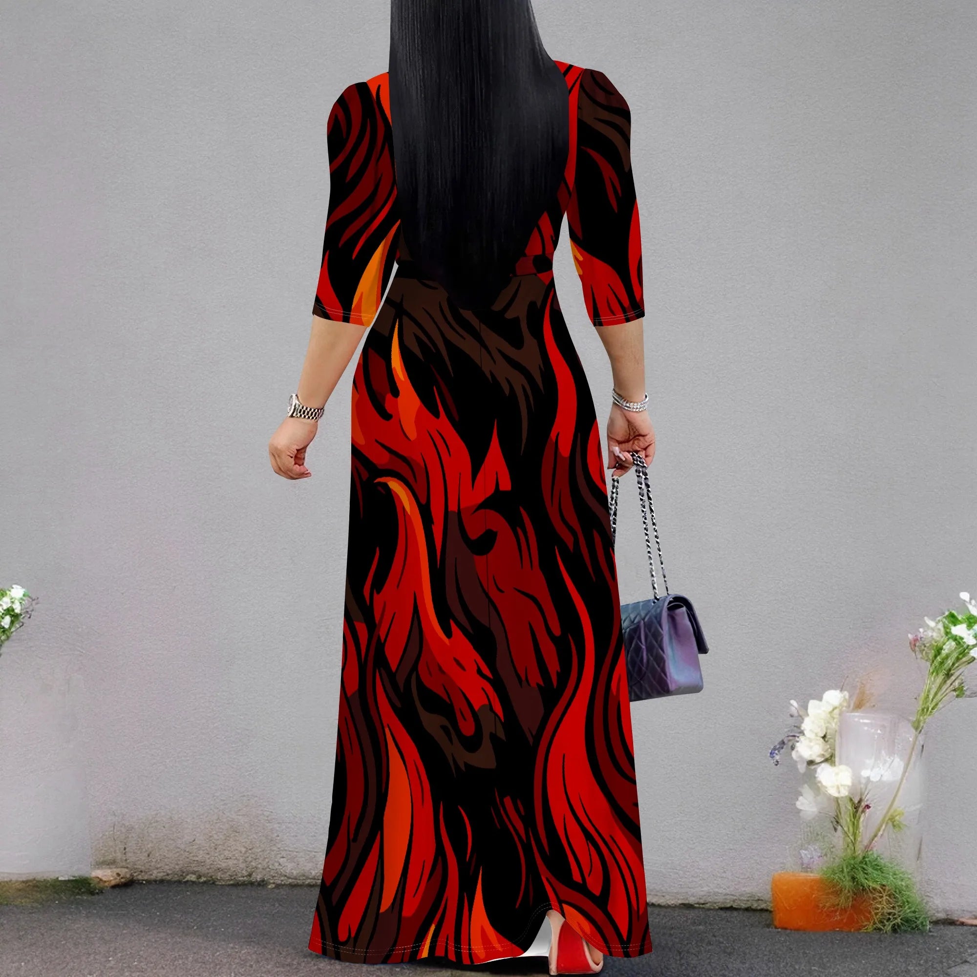 Abito lungo sexy da donna con scollo a V e stampa, maniche a 3/4, vestibilità ampia e cintura.