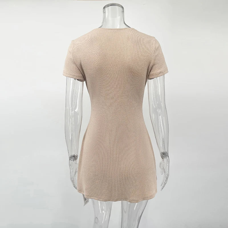 NOVA STORE  Nuovo abito estivo in maglia, mini abito elegante da donna con scollo a V, bottoni e maniche corte, abito casual da donna ad alta elasticità.