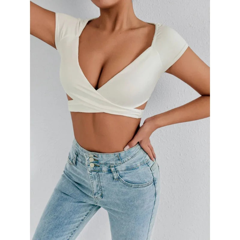 Maglietta estiva da donna sexy con scollo a V, vita alta, push-up, crop top, tessuto elasticizzato, ideale per tutti i giorni, per il club, per la spiaggia, elegante, vestibilità curvy.