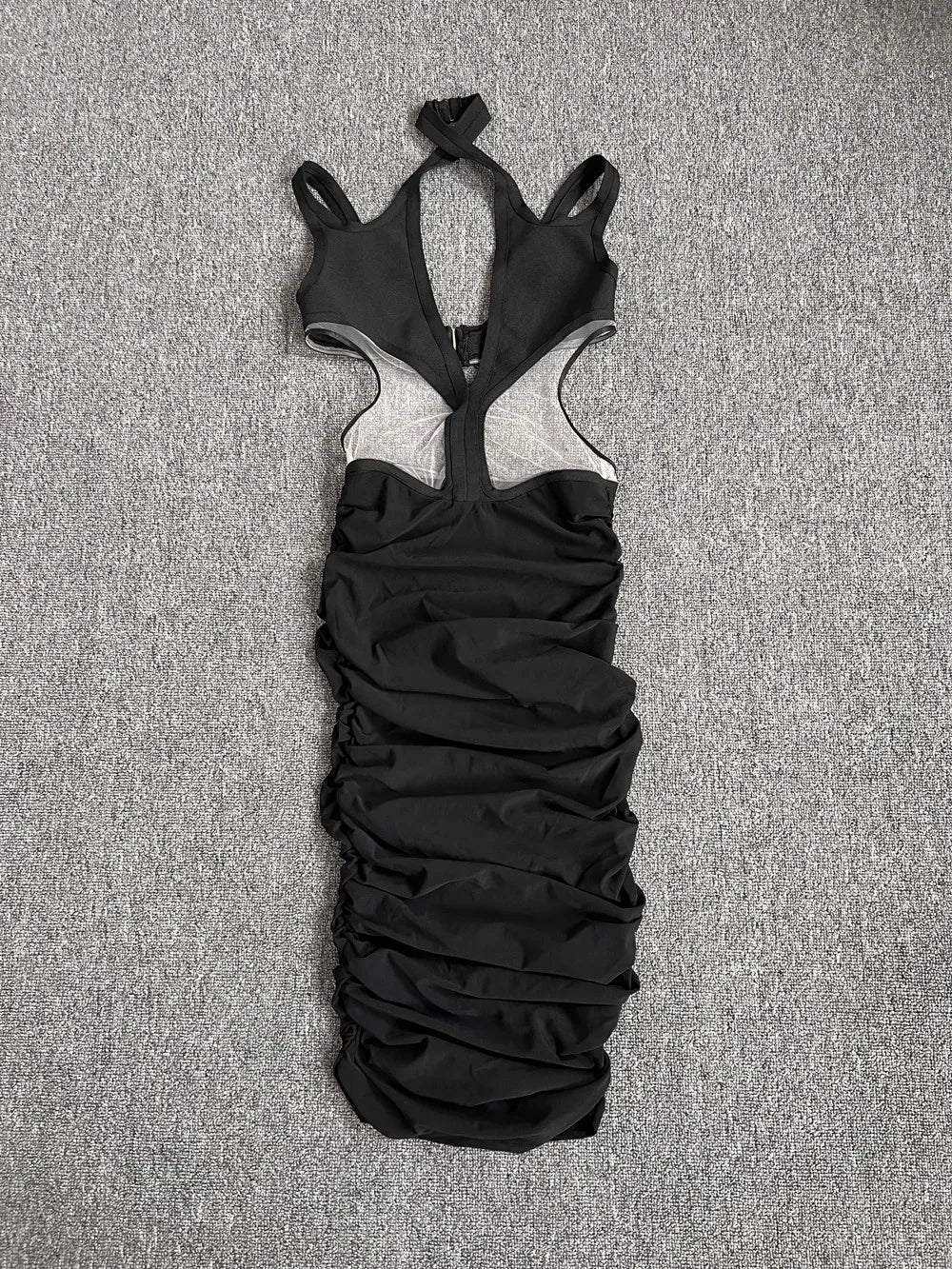 Abito da donna di alta qualità senza maniche, sexy, con scollo all'americana, trasparente, aderente a metà polpaccio, perfetto per serate in discoteca, feste e celebrazioni.