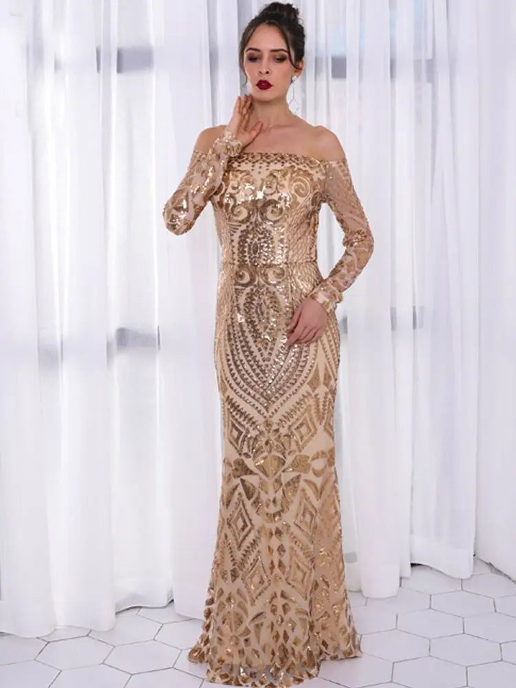 Abito lungo da donna HBLL Autunno Inverno Elegante abito da festa in discoteca con maniche lunghe e scollo a V, abito lungo sexy Maxi abito