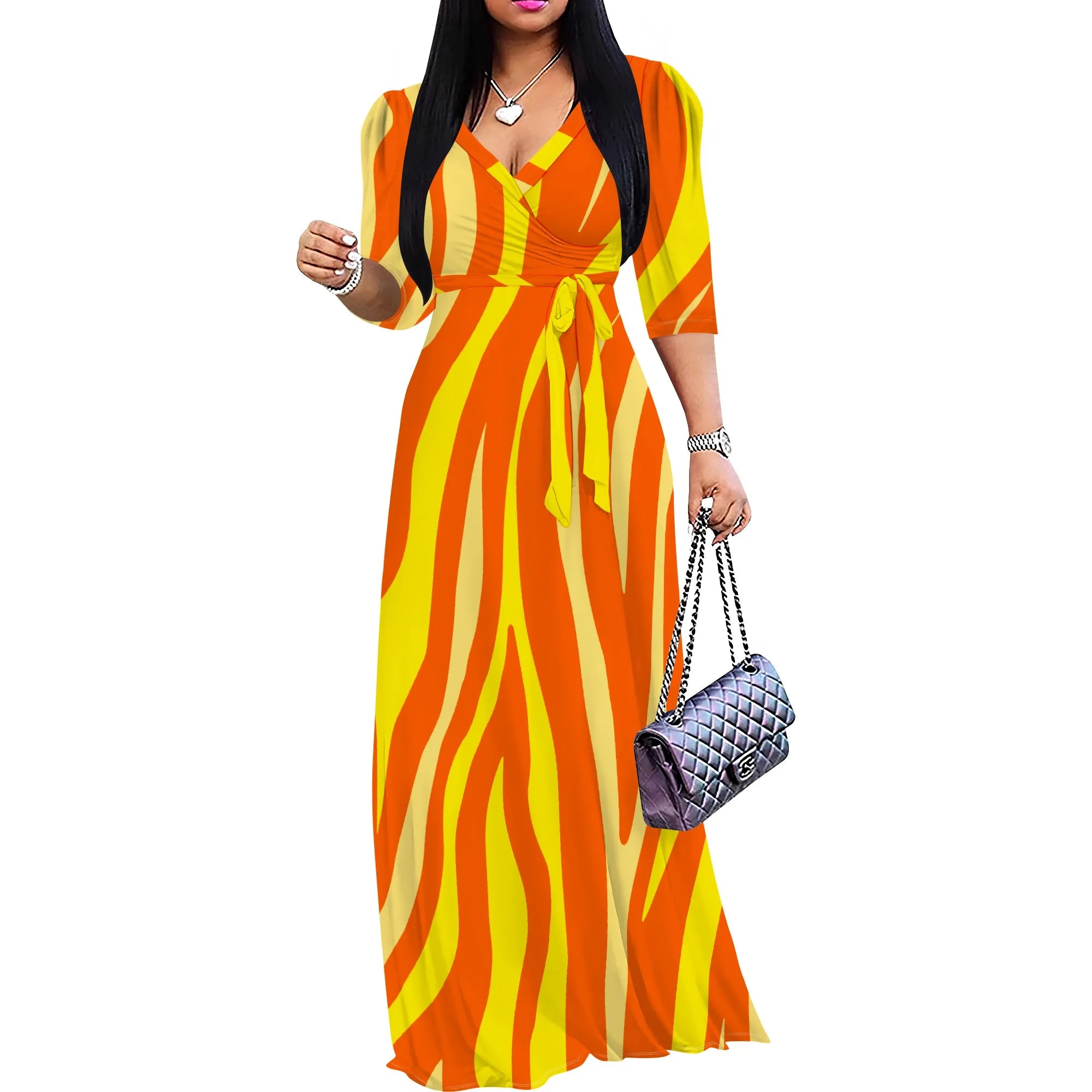 Abito lungo sexy da donna con scollo a V e stampa, maniche a 3/4, vestibilità ampia e cintura.