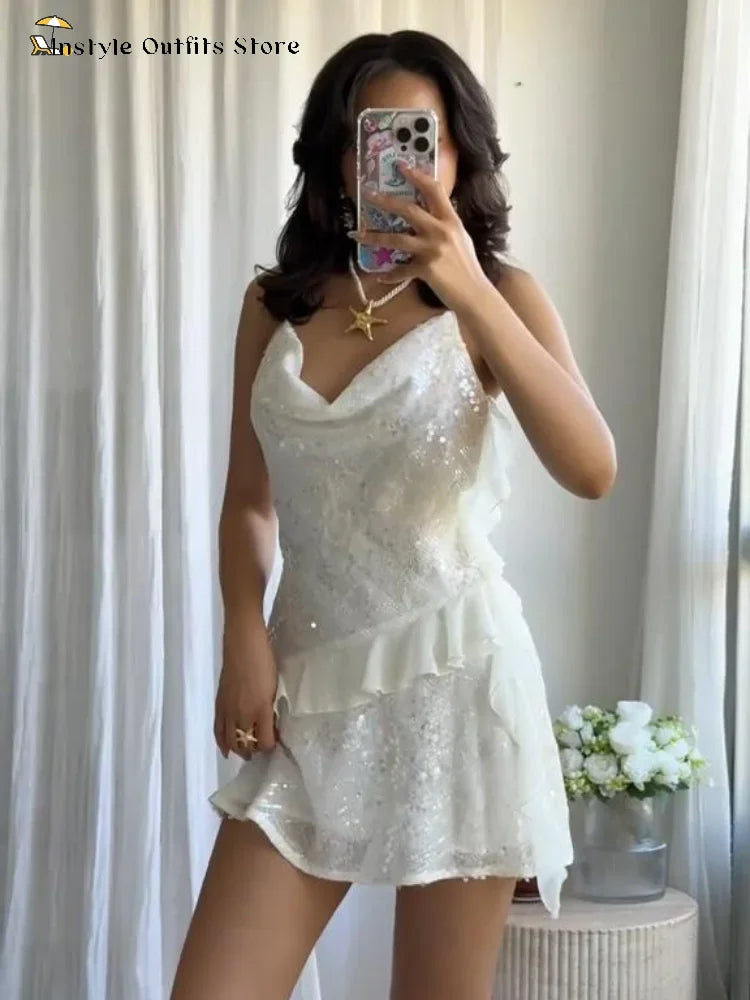 Mini abito con paillettes e volant da donna, abito sottoveste slim con scollo a cascata, senza schienale, estivo, per vacanze, spiaggia, club, feste, abito corto tinta unita da donna