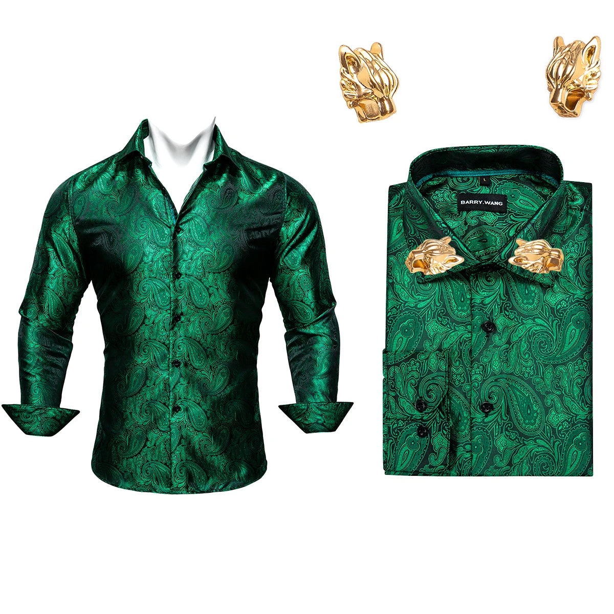 NOVA STORE Camicie da uomo a maniche lunghe con stampa paisley dorata, camicie casual con fiori per uomo, camicie eleganti, spilla da colletto leopardata firmata.