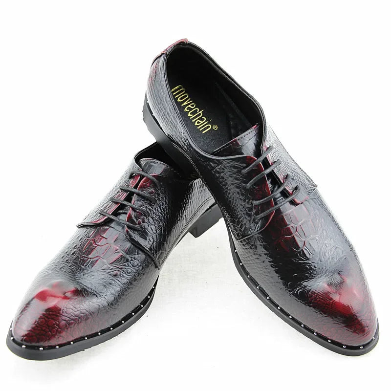 Scarpe eleganti da uomo in pelle con stampa alligatore, modello Oxford casual a punta, con lacci, ideali per ufficio e lavoro, collezione 2025.