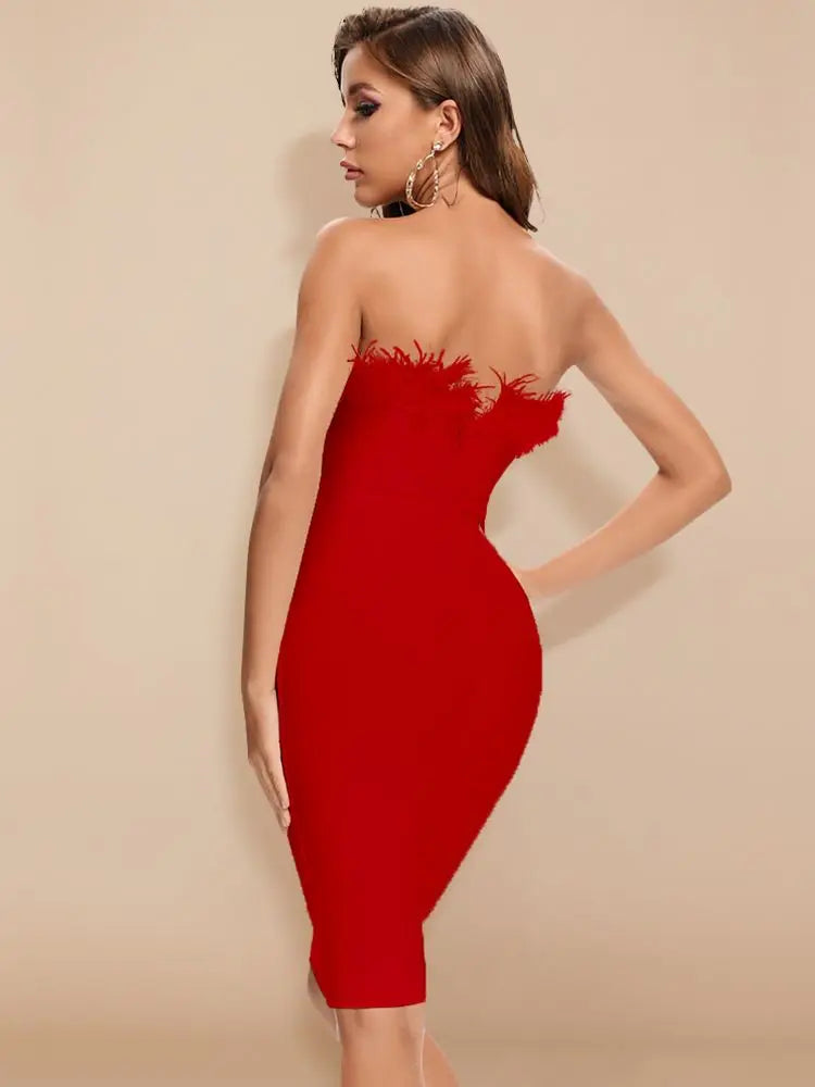 BEAUKEY Abiti da donna sexy neri con piume, abiti di lusso con fascia, abito aderente rosso estivo per cocktail party, abito da club bianco Vestidos XL
