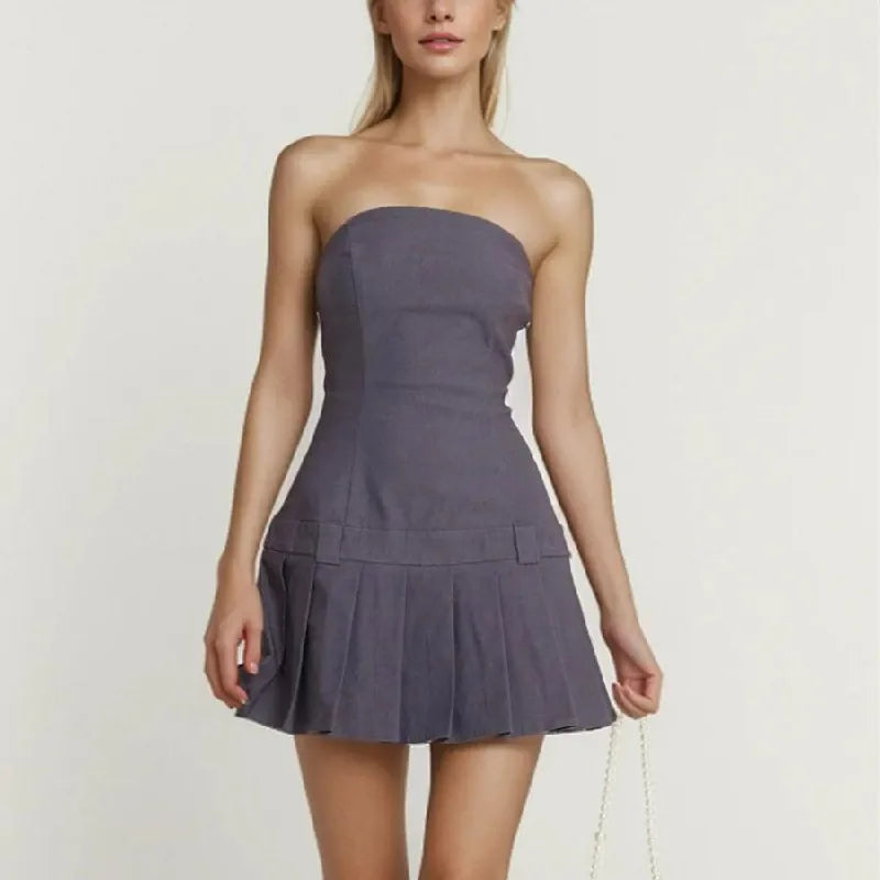 Abito corto stile corsetto senza spalline, modello safari, 3 colori, vita bassa, linea ad A, orlo plissettato, top a tubo, abito da festa.