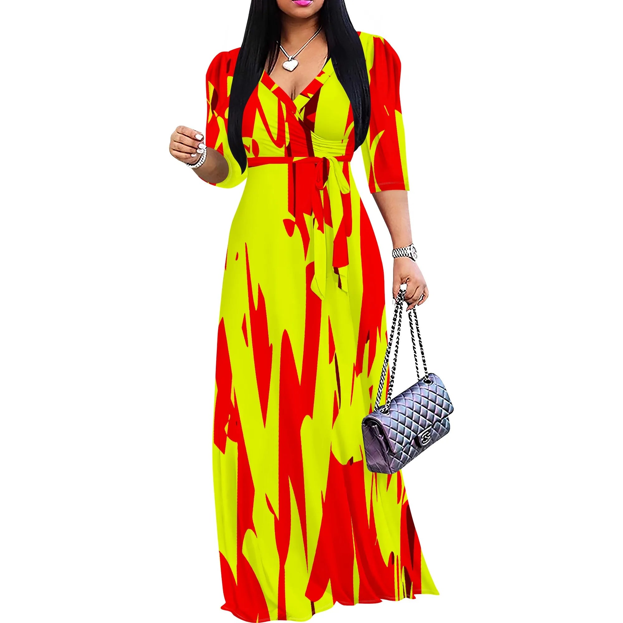 Abito lungo sexy da donna con scollo a V e stampa, maniche a 3/4, vestibilità ampia e cintura.