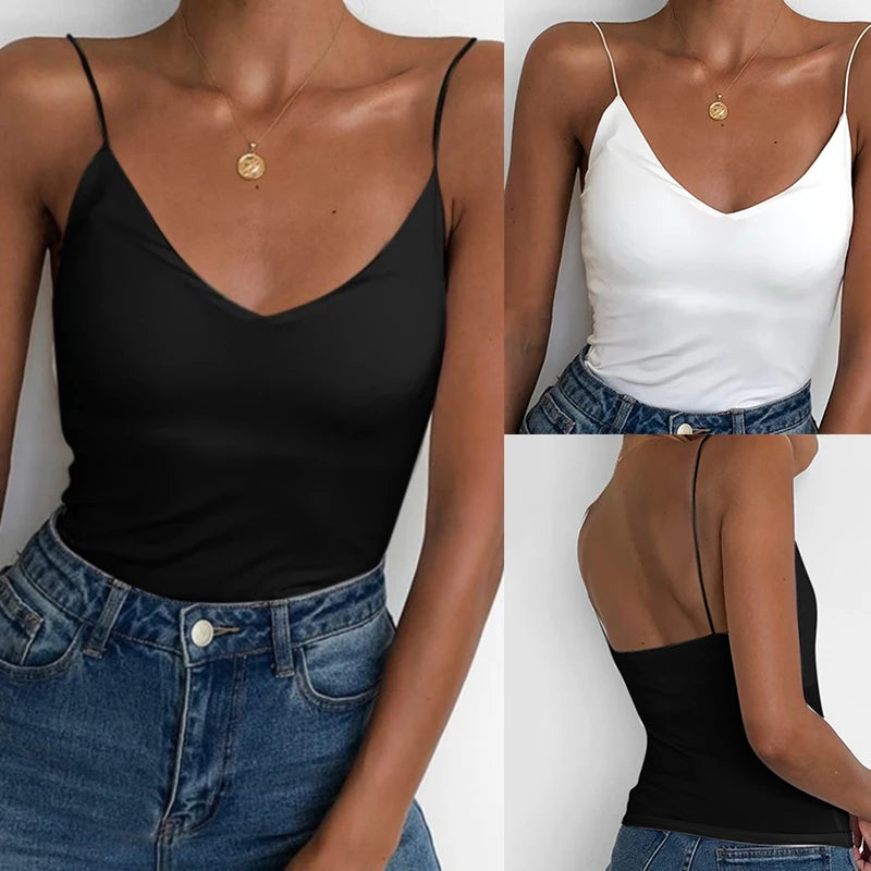 Canotta estiva sexy da donna, sottile, selvaggia, tinta unita, con spalline, top basic da donna, canotta slim senza maniche