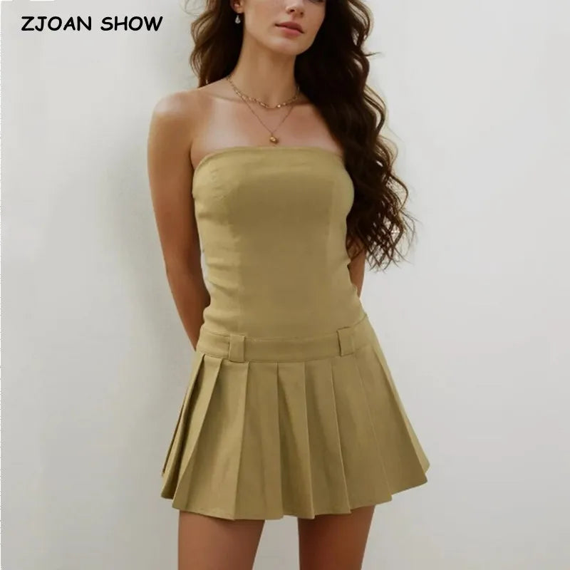 Abito corto stile corsetto senza spalline, modello safari, 3 colori, vita bassa, linea ad A, orlo plissettato, top a tubo, abito da festa.