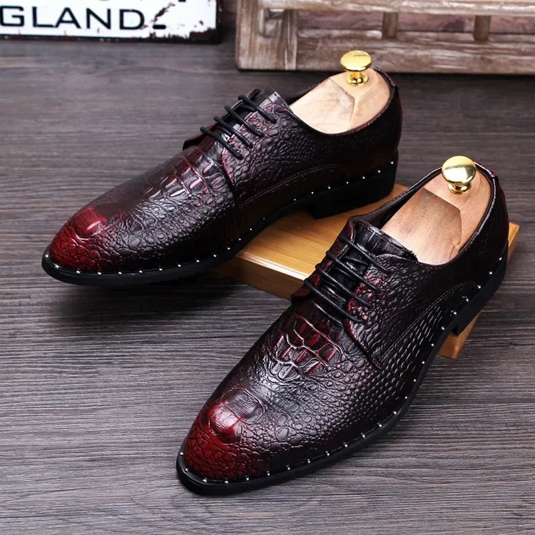 Scarpe eleganti da uomo in pelle con stampa alligatore, modello Oxford casual a punta, con lacci, ideali per ufficio e lavoro, collezione 2025.