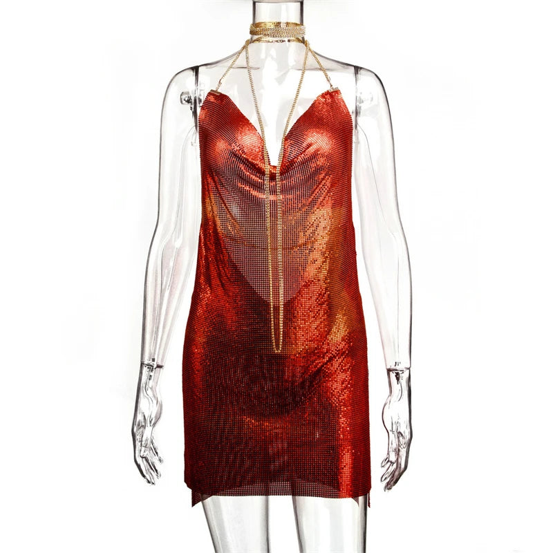 Abito corto sexy con paillettes argentate per donna, senza maniche, con catena metallica sul corpo, abito da festa 2024, abito da sera con schiena scoperta e spacco, stile Y2K.