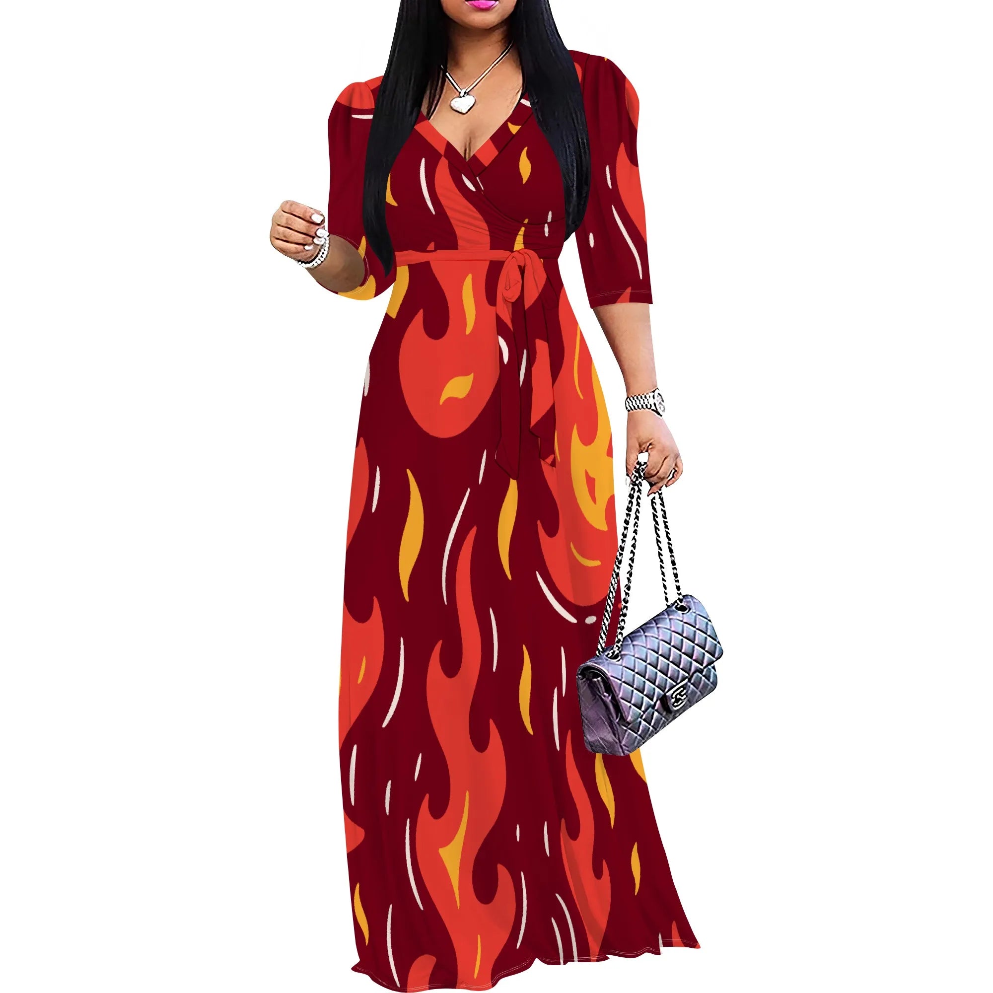 Abito lungo sexy da donna con scollo a V e stampa, maniche a 3/4, vestibilità ampia e cintura.