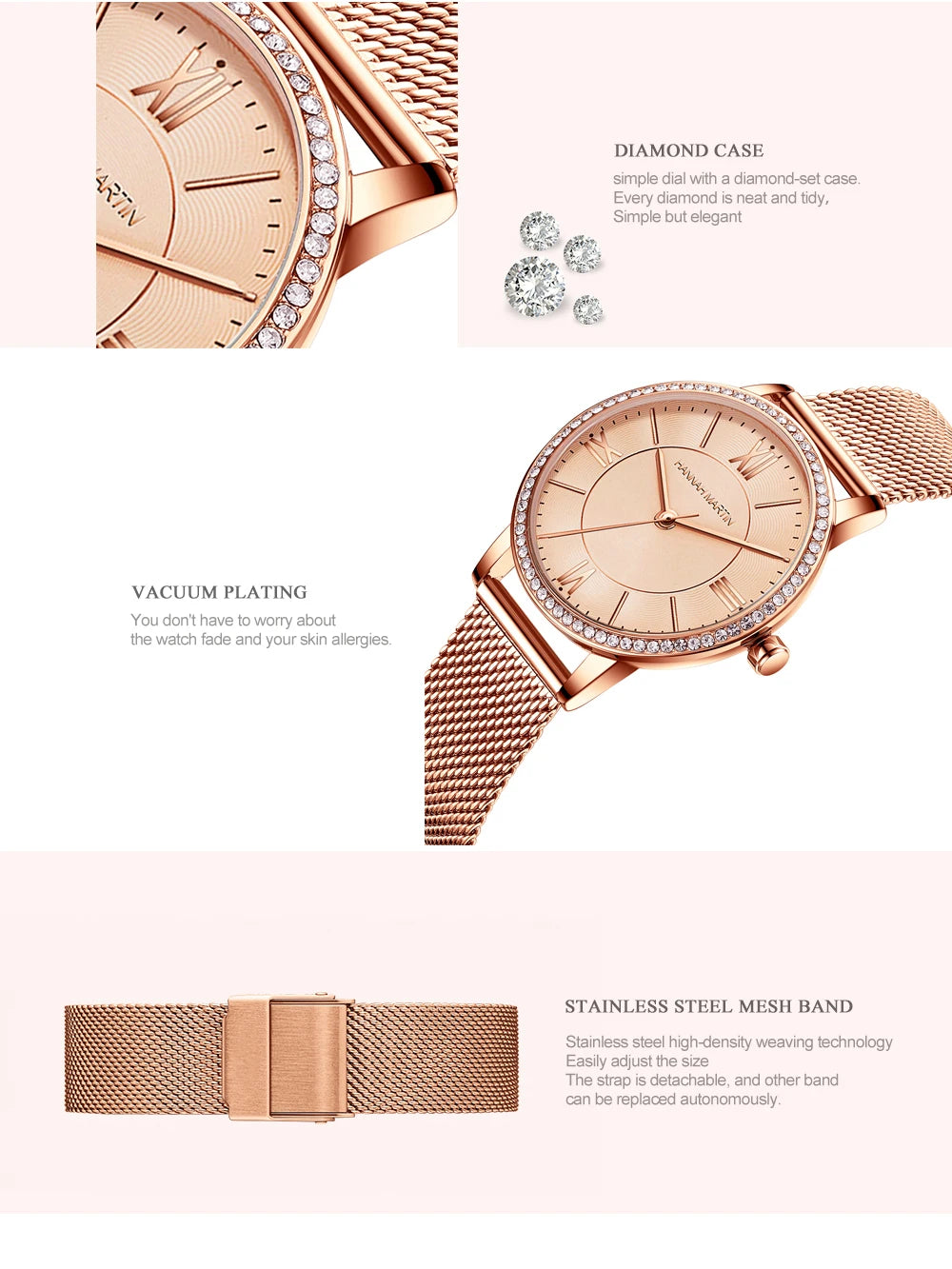 Set regalo di orologi da donna di marca Hannah Martin 34 mm, classico, di lusso, con diamanti incastonati, movimento giapponese originale, orologi eleganti da sera da donna.