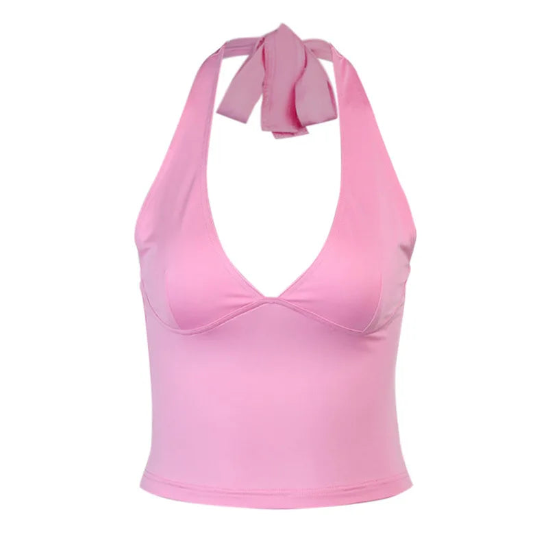 NOVA STORE Canotta estiva con scollo all'americana, canotta sexy da donna con scollo a V, canotta skinny senza schienale, maglietta rosa con corsetto, top da donna, maglietta