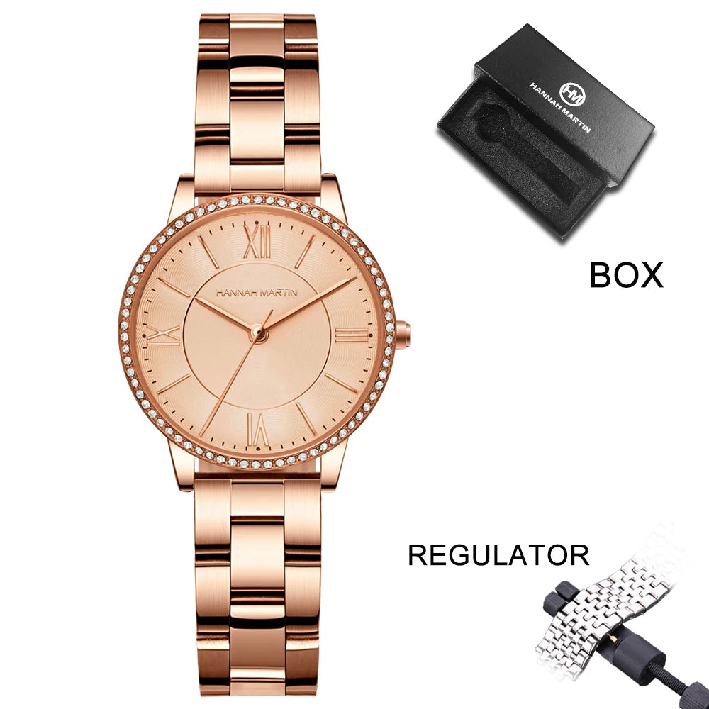 Set regalo di orologi da donna di marca Hannah Martin 34 mm, classico, di lusso, con diamanti incastonati, movimento giapponese originale, orologi eleganti da sera da donna.