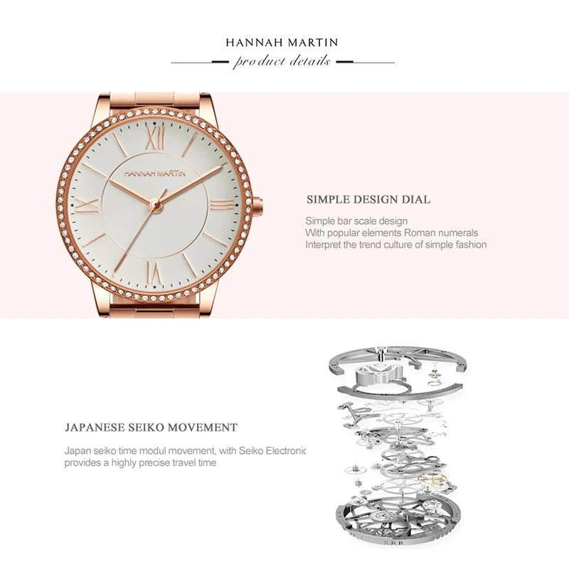 Set regalo di orologi da donna di marca Hannah Martin 34 mm, classico, di lusso, con diamanti incastonati, movimento giapponese originale, orologi eleganti da sera da donna.