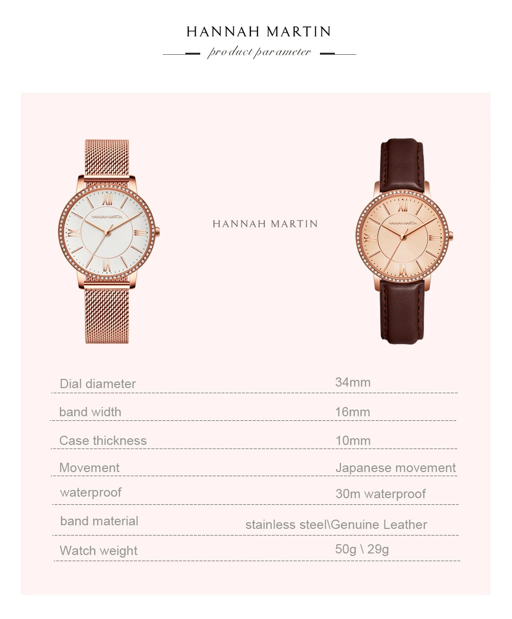 Set regalo di orologi da donna di marca Hannah Martin 34 mm, classico, di lusso, con diamanti incastonati, movimento giapponese originale, orologi eleganti da sera da donna.