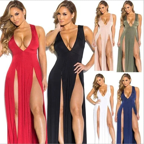 Abito lungo estivo sexy senza maniche da donna, perfetto per feste, con doppio spacco.