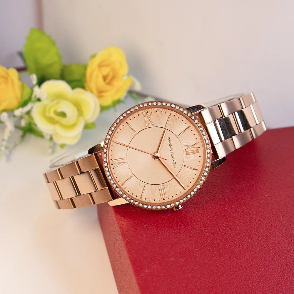 Set regalo di orologi da donna di marca Hannah Martin 34 mm, classico, di lusso, con diamanti incastonati, movimento giapponese originale, orologi eleganti da sera da donna.