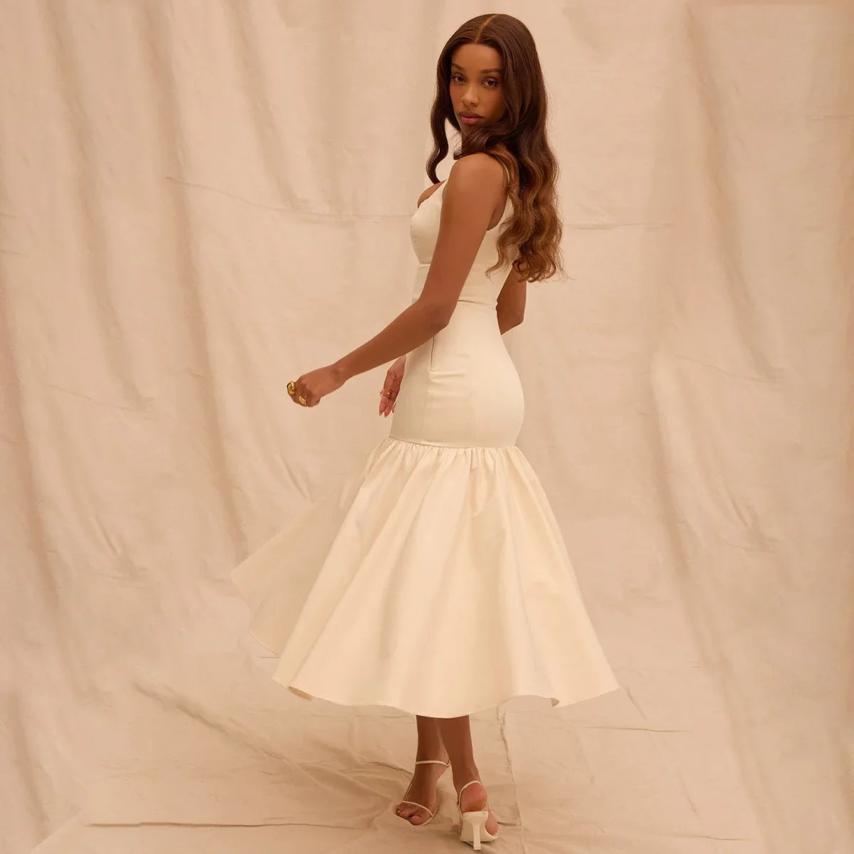 Mingmingxi Abiti da festa midi estivi eleganti 2024 Nuovi arrivi Abito lungo con orlo a balze Abito slim rosso Moda Abbigliamento donna