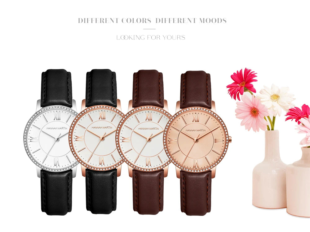 Set regalo di orologi da donna di marca Hannah Martin 34 mm, classico, di lusso, con diamanti incastonati, movimento giapponese originale, orologi eleganti da sera da donna.