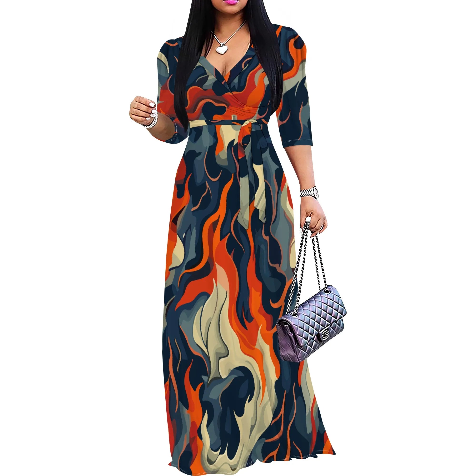 Abito lungo sexy da donna con scollo a V e stampa, maniche a 3/4, vestibilità ampia e cintura.