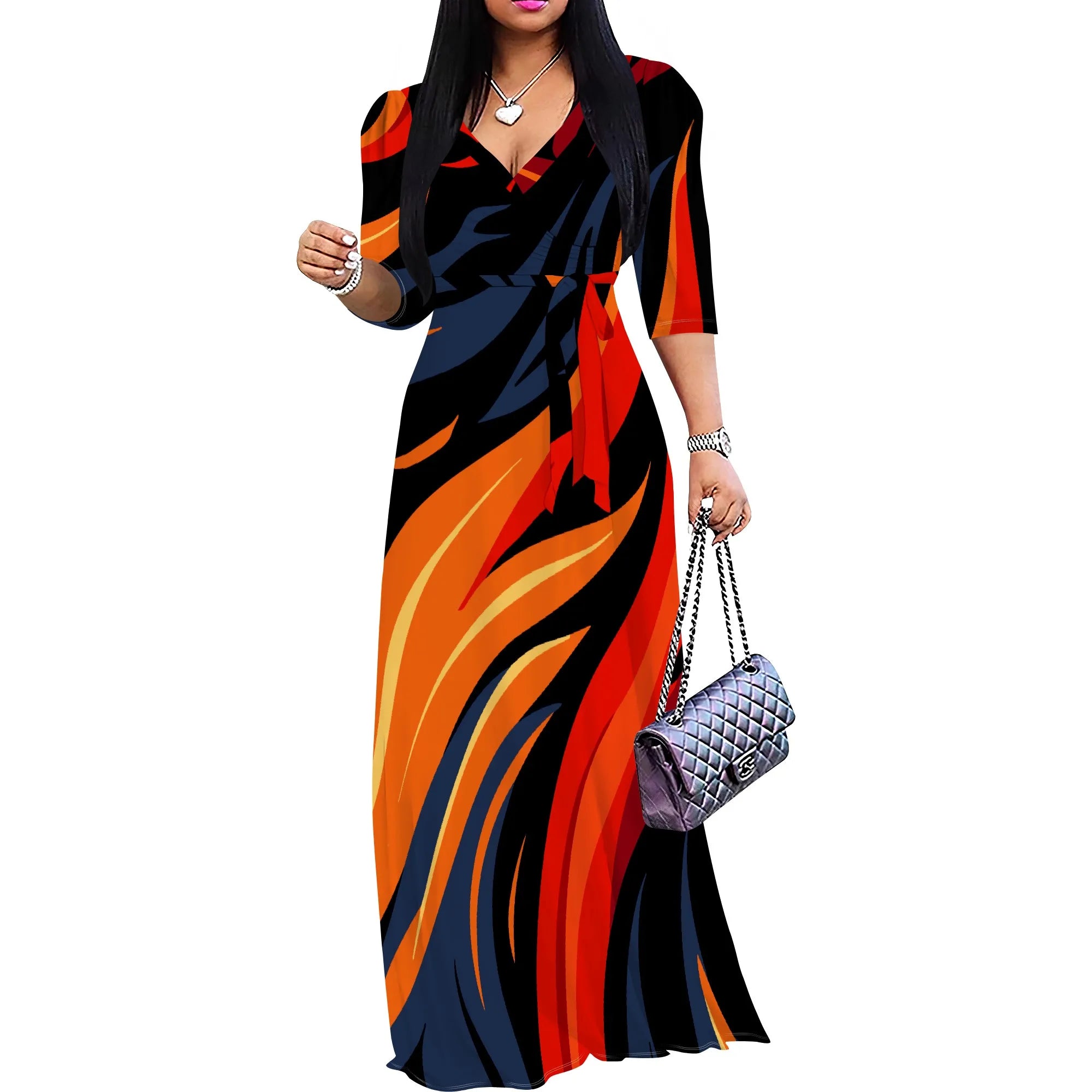 Abito lungo sexy da donna con scollo a V e stampa, maniche a 3/4, vestibilità ampia e cintura.