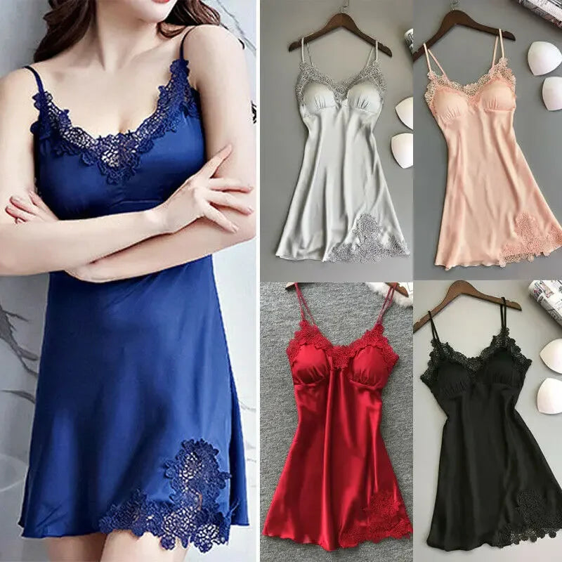 Camicia da notte da donna in raso di seta, babydoll sexy da donna, lingerie in pizzo, pigiama da donna