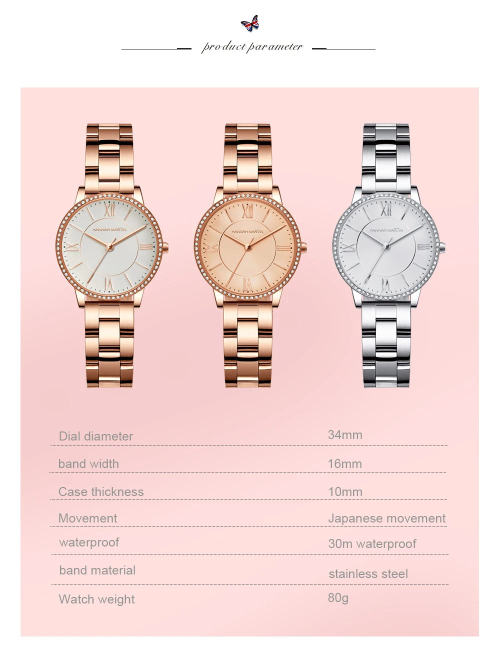 Set regalo di orologi da donna di marca Hannah Martin 34 mm, classico, di lusso, con diamanti incastonati, movimento giapponese originale, orologi eleganti da sera da donna.