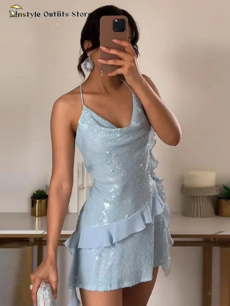 Mini abito con paillettes e volant da donna, abito sottoveste slim con scollo a cascata, senza schienale, estivo, per vacanze, spiaggia, club, feste, abito corto tinta unita da donna