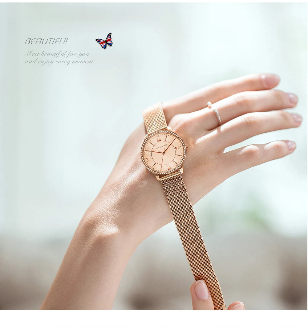 Set regalo di orologi da donna di marca Hannah Martin 34 mm, classico, di lusso, con diamanti incastonati, movimento giapponese originale, orologi eleganti da sera da donna.