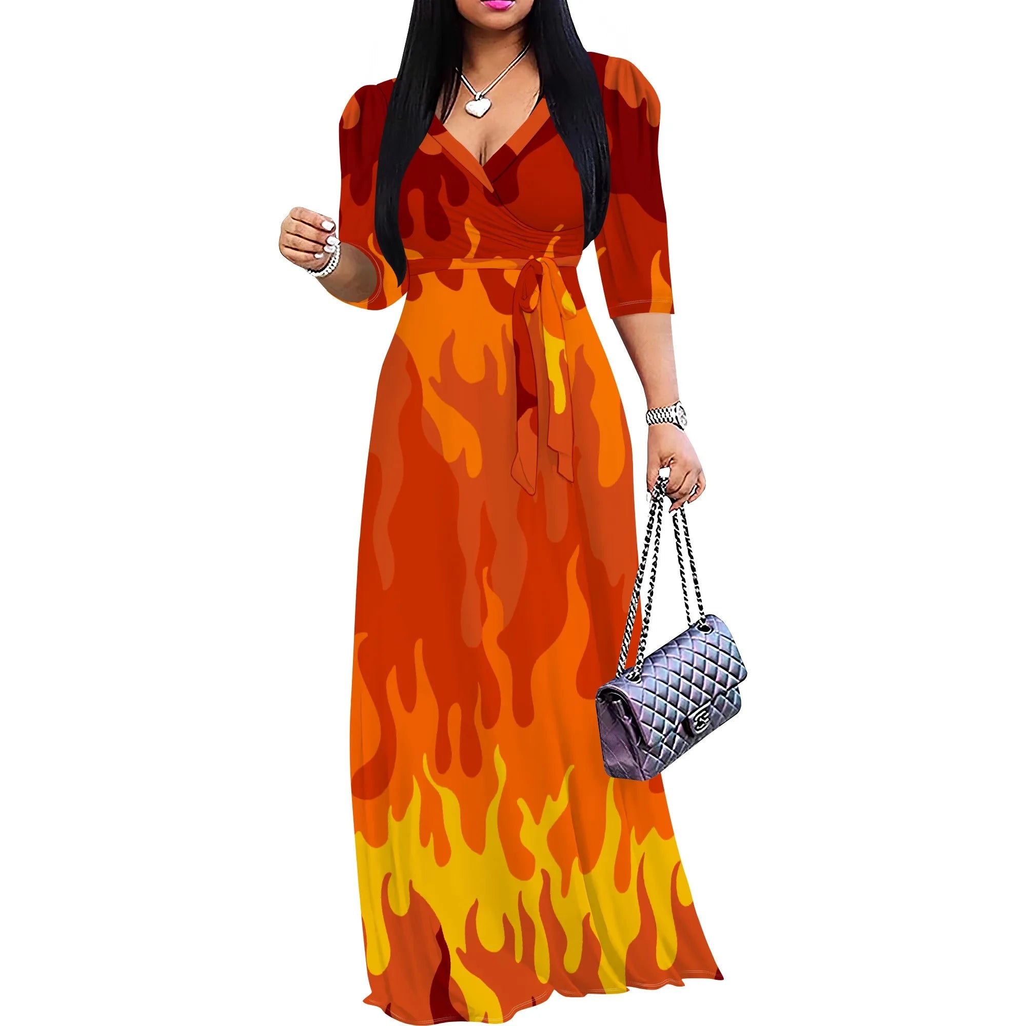 Abito lungo sexy da donna con scollo a V e stampa, maniche a 3/4, vestibilità ampia e cintura.