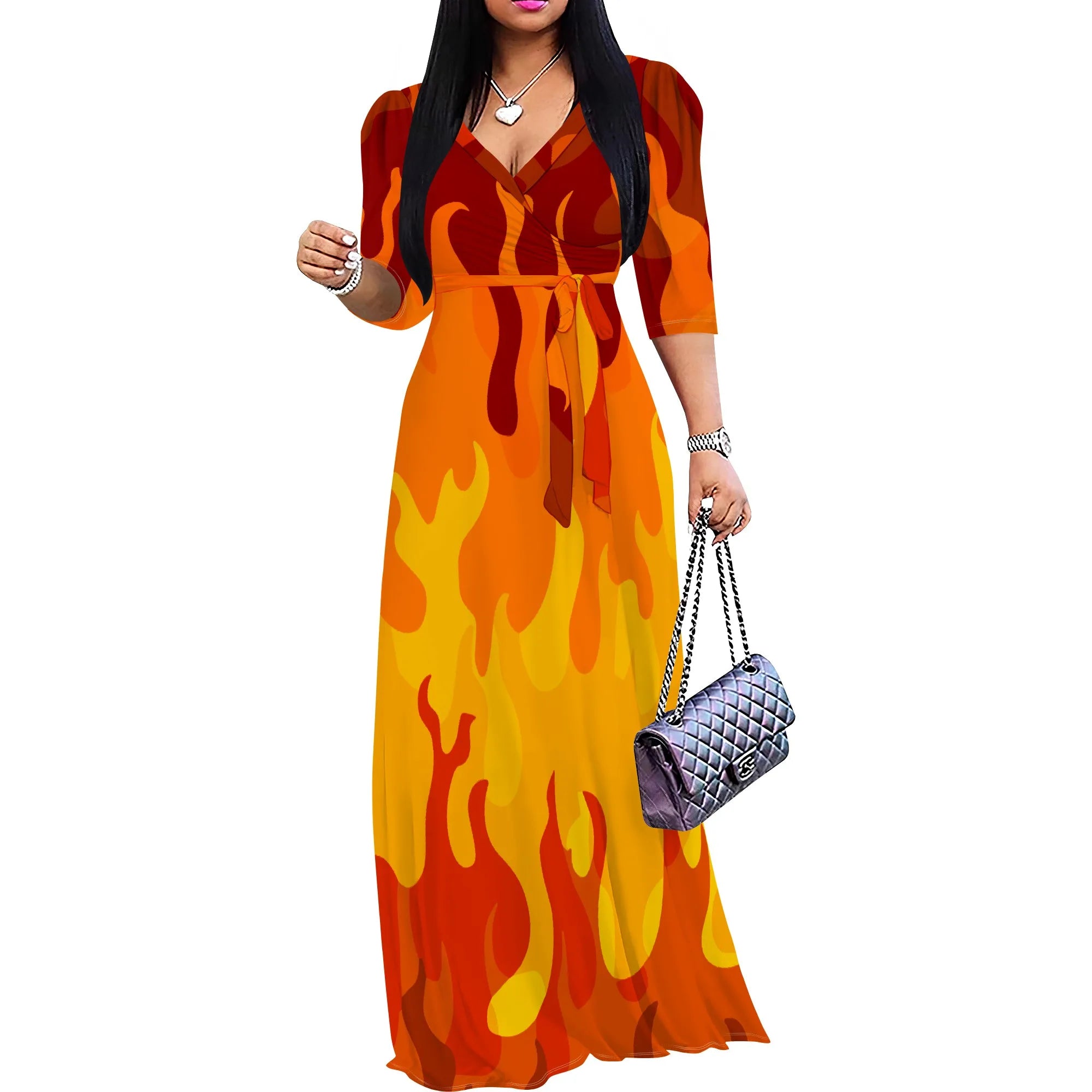 Abito lungo sexy da donna con scollo a V e stampa, maniche a 3/4, vestibilità ampia e cintura.
