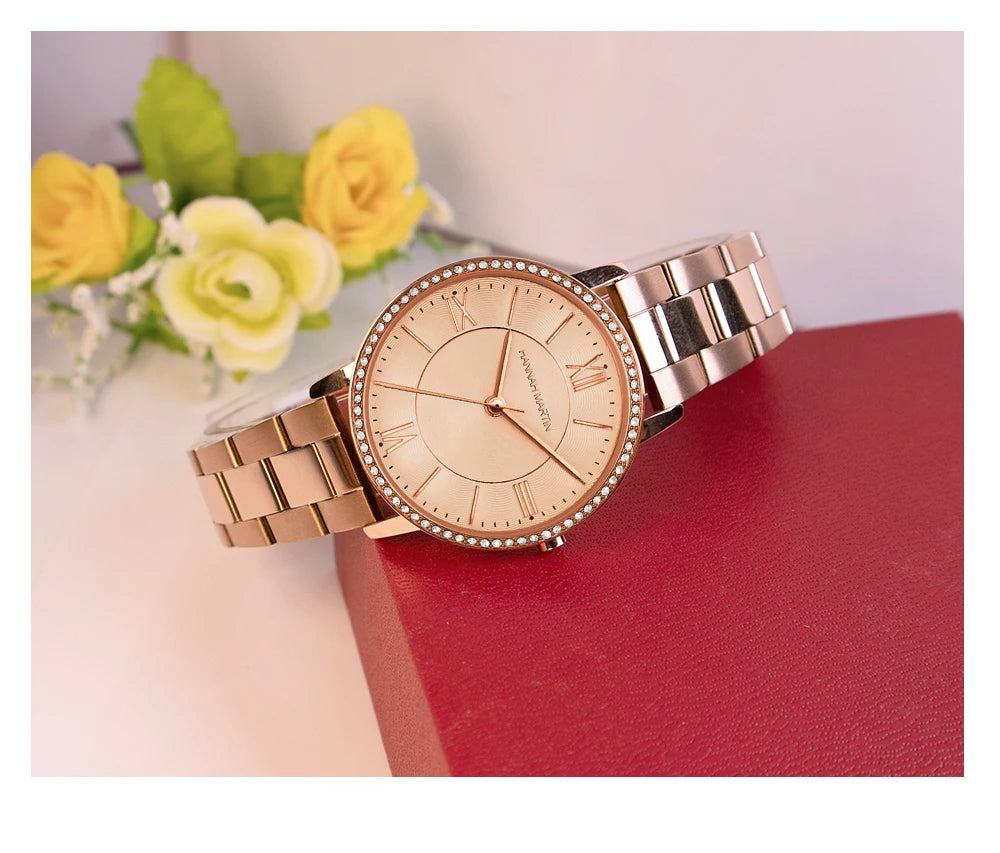 Set regalo di orologi da donna di marca Hannah Martin 34 mm, classico, di lusso, con diamanti incastonati, movimento giapponese originale, orologi eleganti da sera da donna.