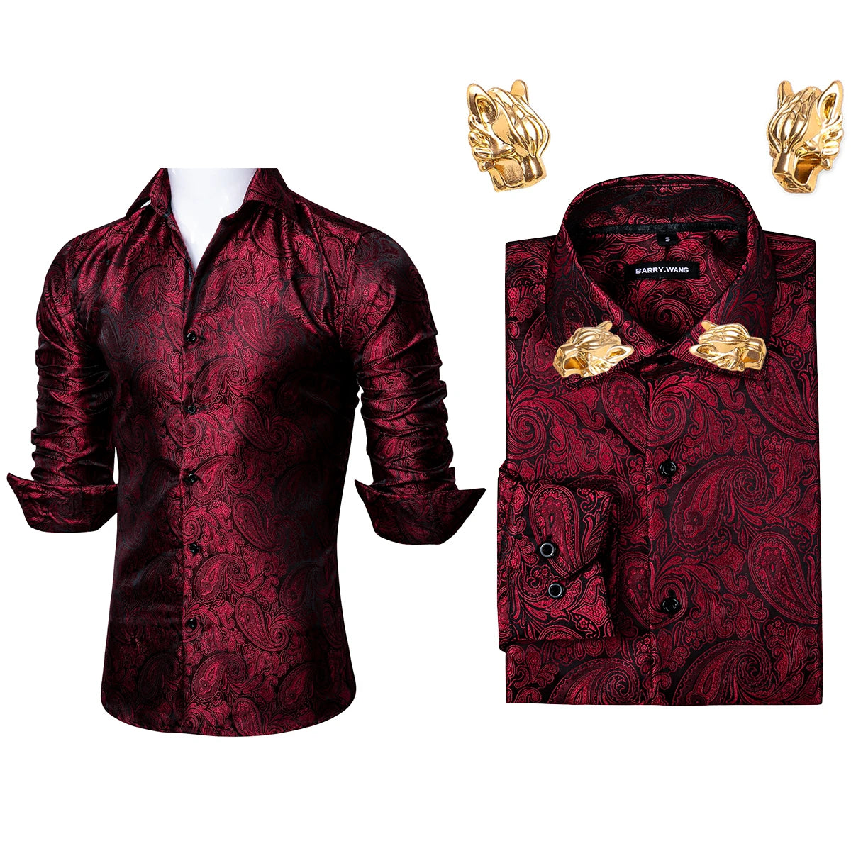 NOVA STORE Camicie da uomo a maniche lunghe con stampa paisley dorata, camicie casual con fiori per uomo, camicie eleganti, spilla da colletto leopardata firmata.