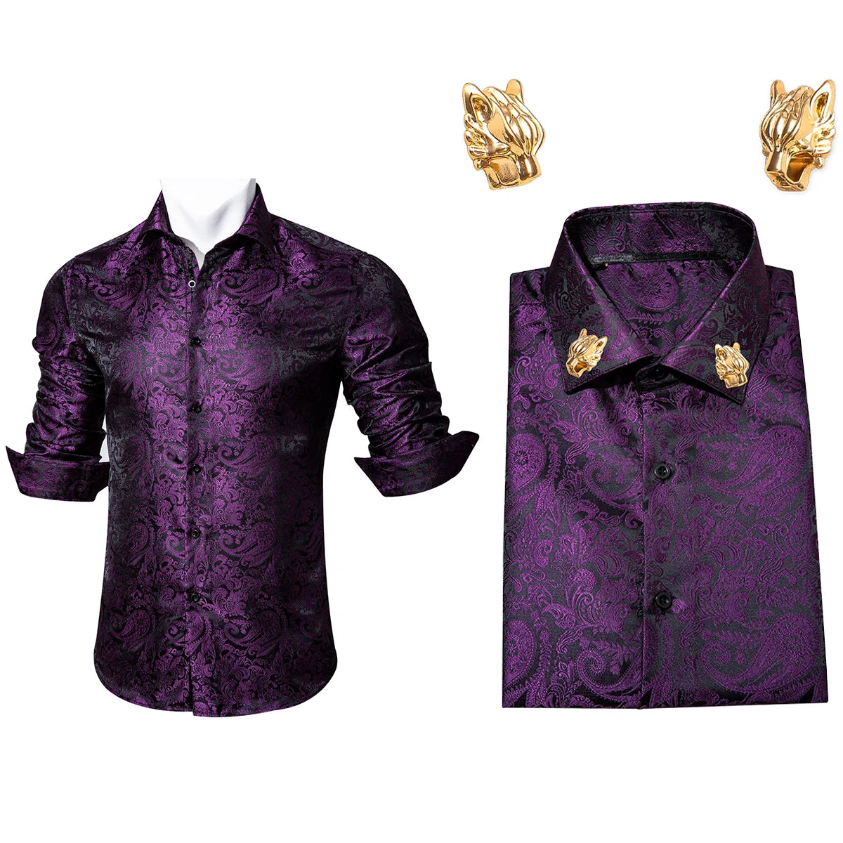 NOVA STORE Camicie da uomo a maniche lunghe con stampa paisley dorata, camicie casual con fiori per uomo, camicie eleganti, spilla da colletto leopardata firmata.